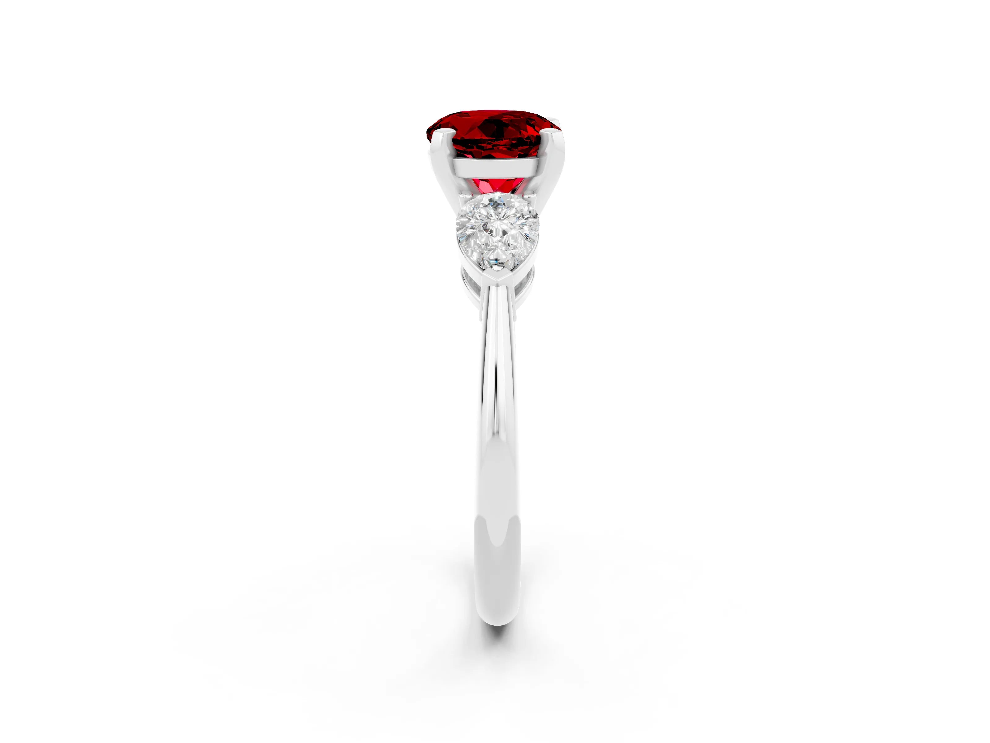 White gold Three-Stone Round Cut Ruby Ring with Pear Side Stones and Four-Prong Setting_2