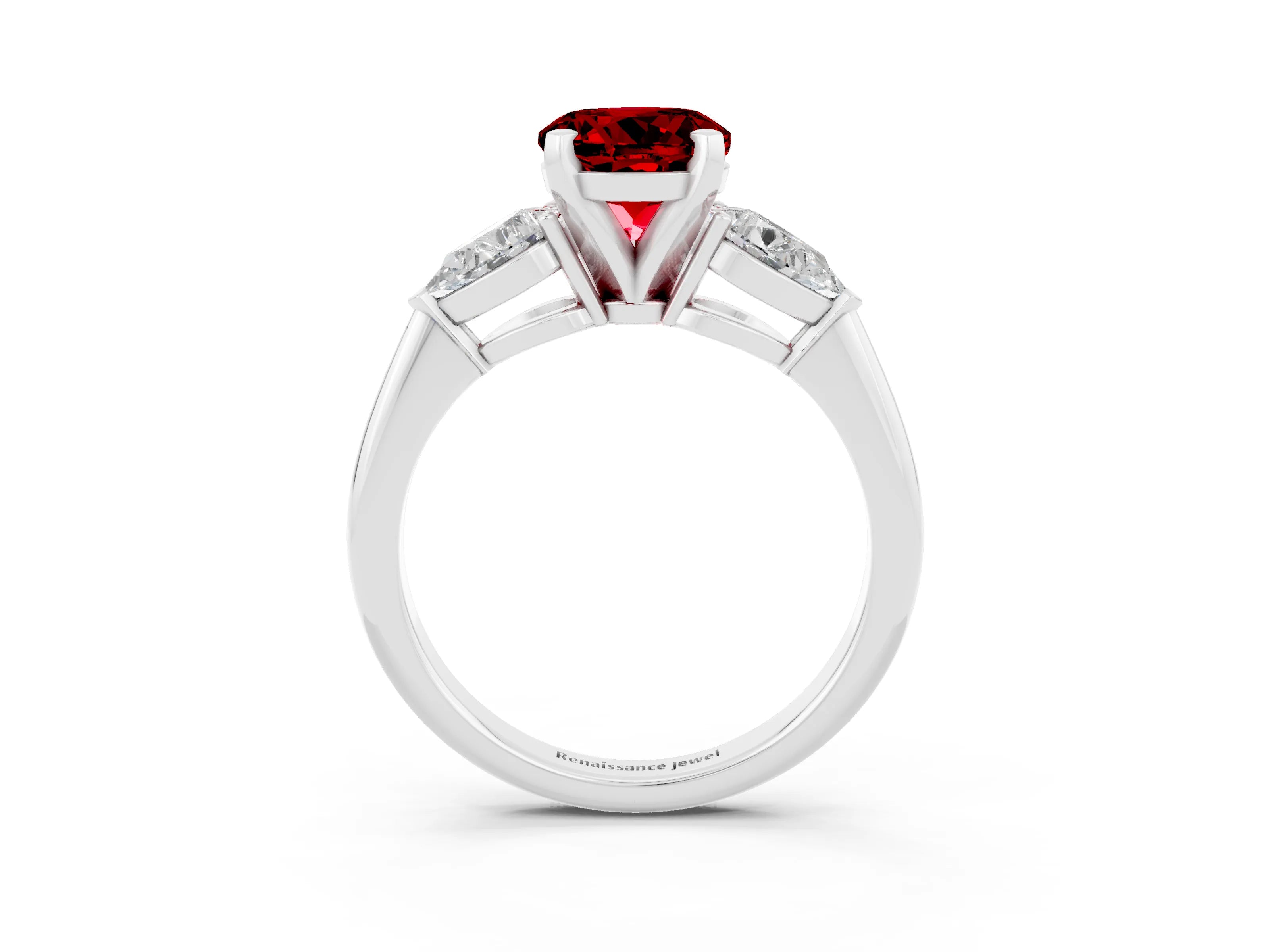 White gold Three-Stone Round Cut Ruby Ring with Pear Side Stones and Four-Prong Setting_3