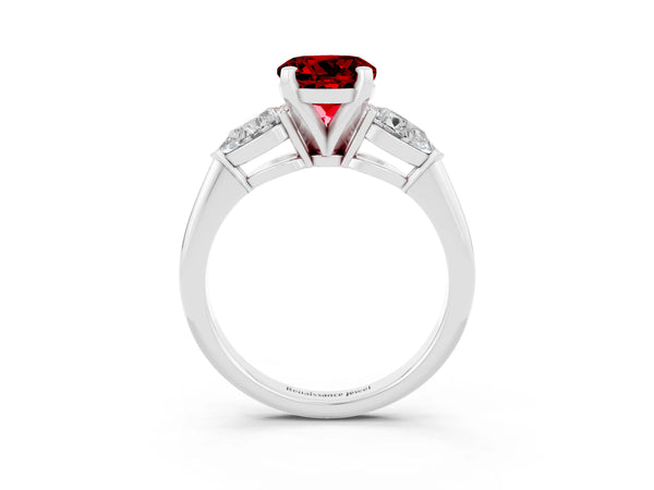Silver Three-Stone Round Cut Ruby Ring with Pear Side Stones and Four-Prong Setting