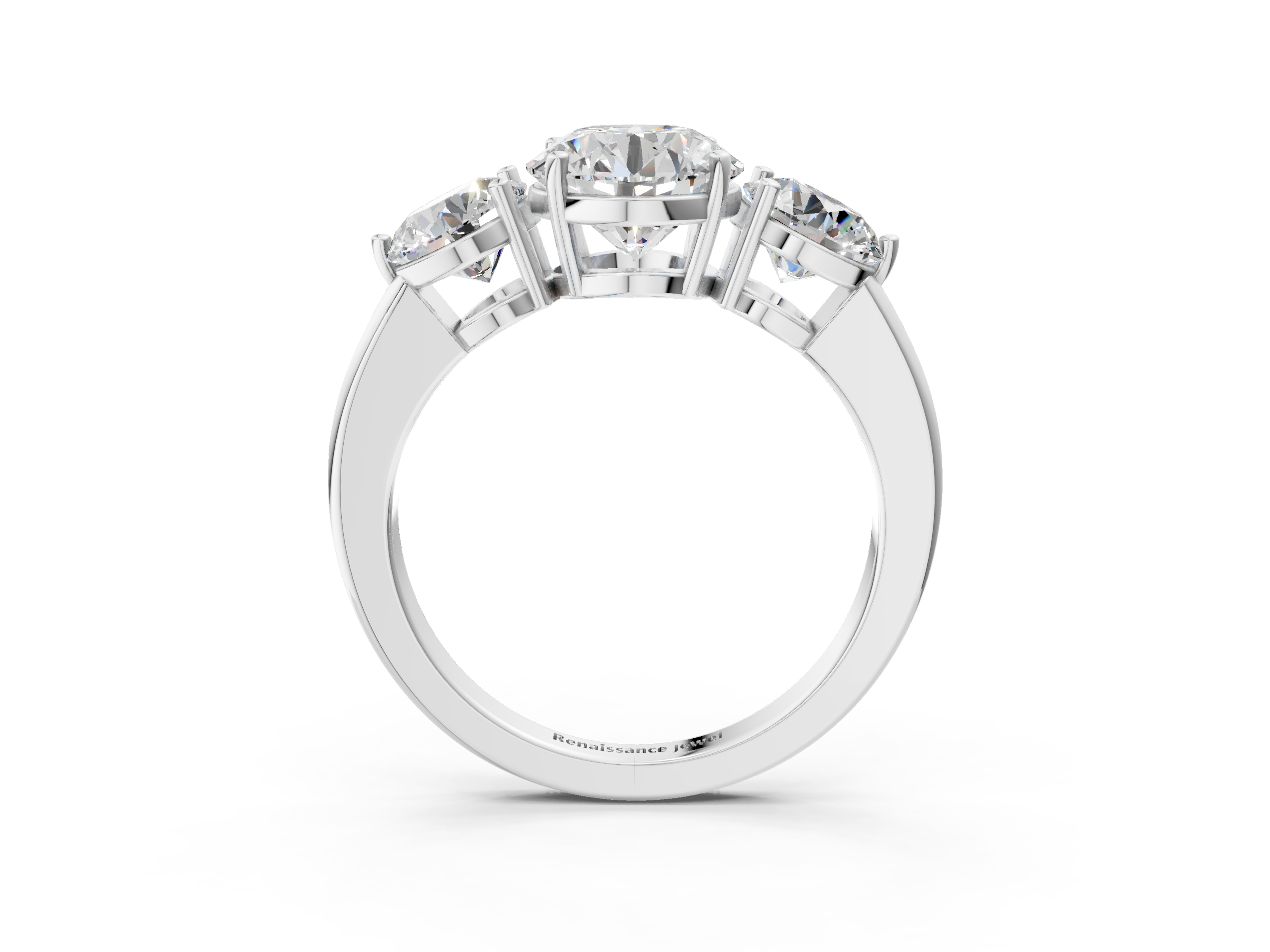 White gold Three-Stone Round Cut Solitaire Ring with Prong Setting on a Classic Band_113