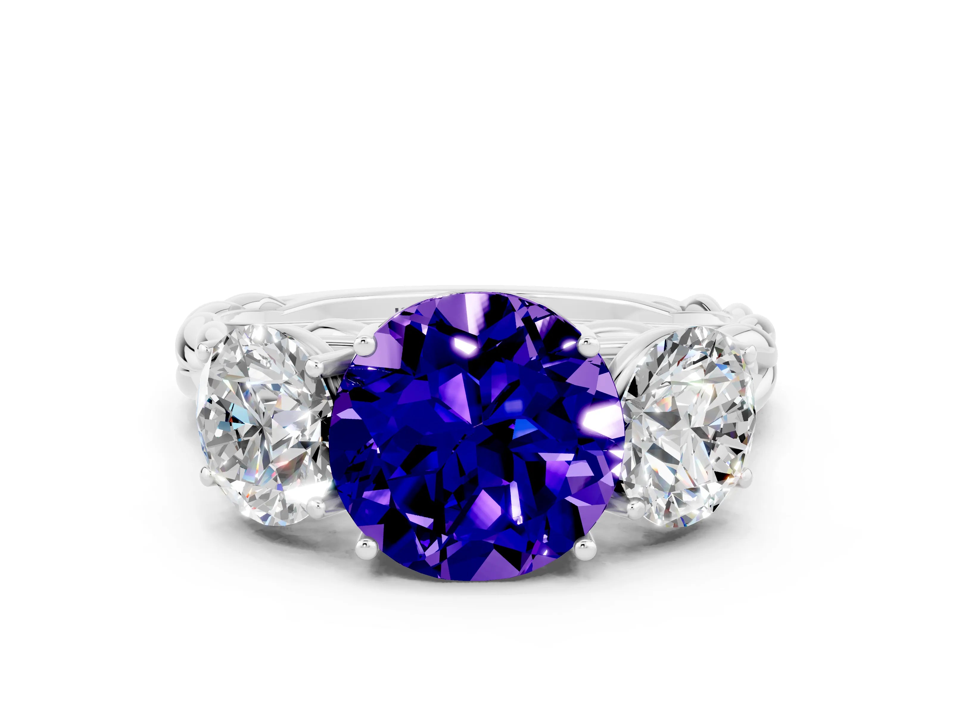 White gold Three-Stone Round Cut Tanzanite Braided Band Ring with Four-Prong Setting_12