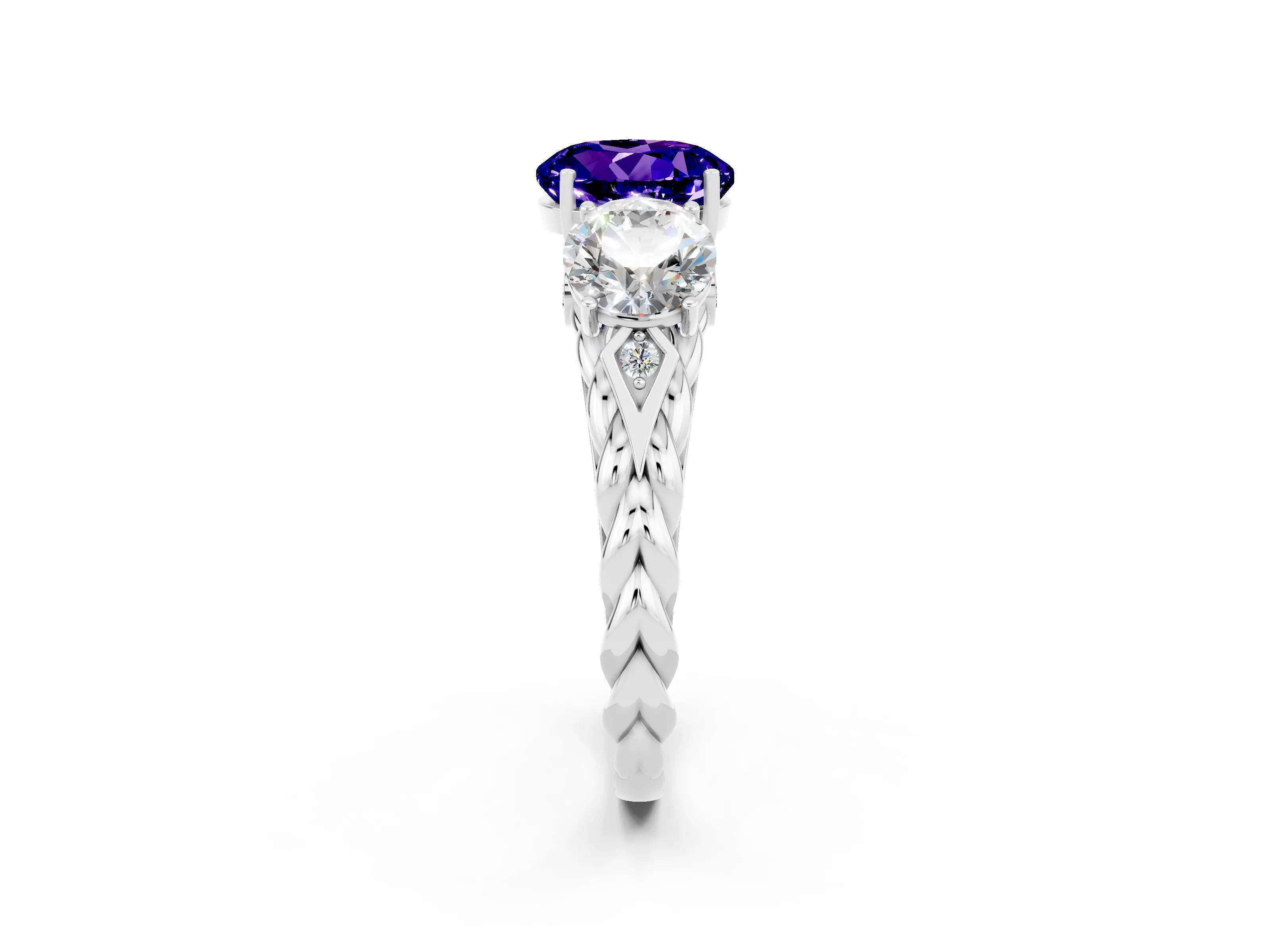 White gold Three-Stone Round Cut Tanzanite Braided Band Ring with Four-Prong Setting_14