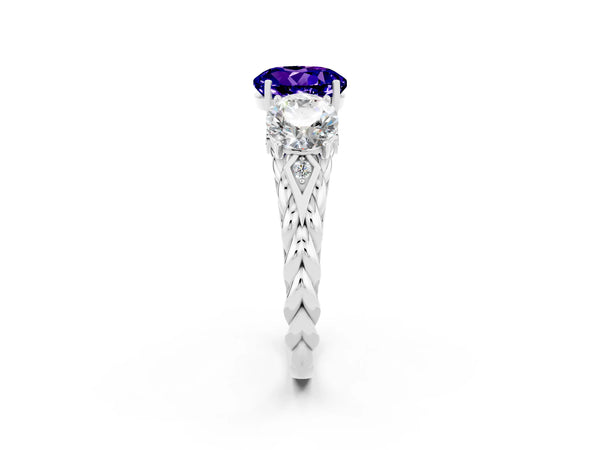 White gold Three-Stone Round Cut Tanzanite Braided Band Ring with Four-Prong Setting