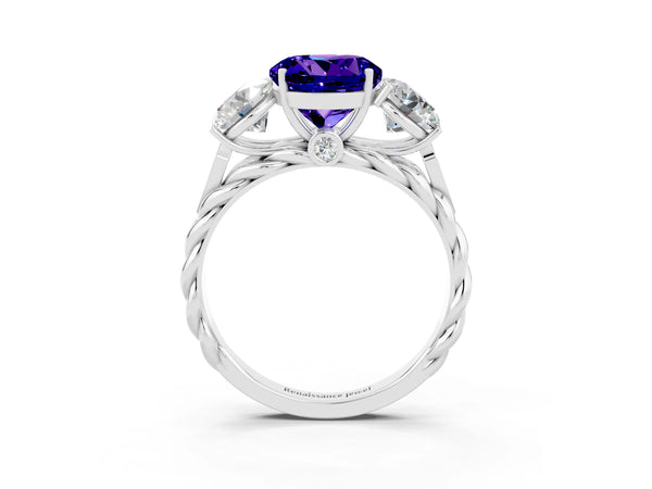 White gold Three-Stone Round Cut Tanzanite Braided Band Ring with Four-Prong Setting