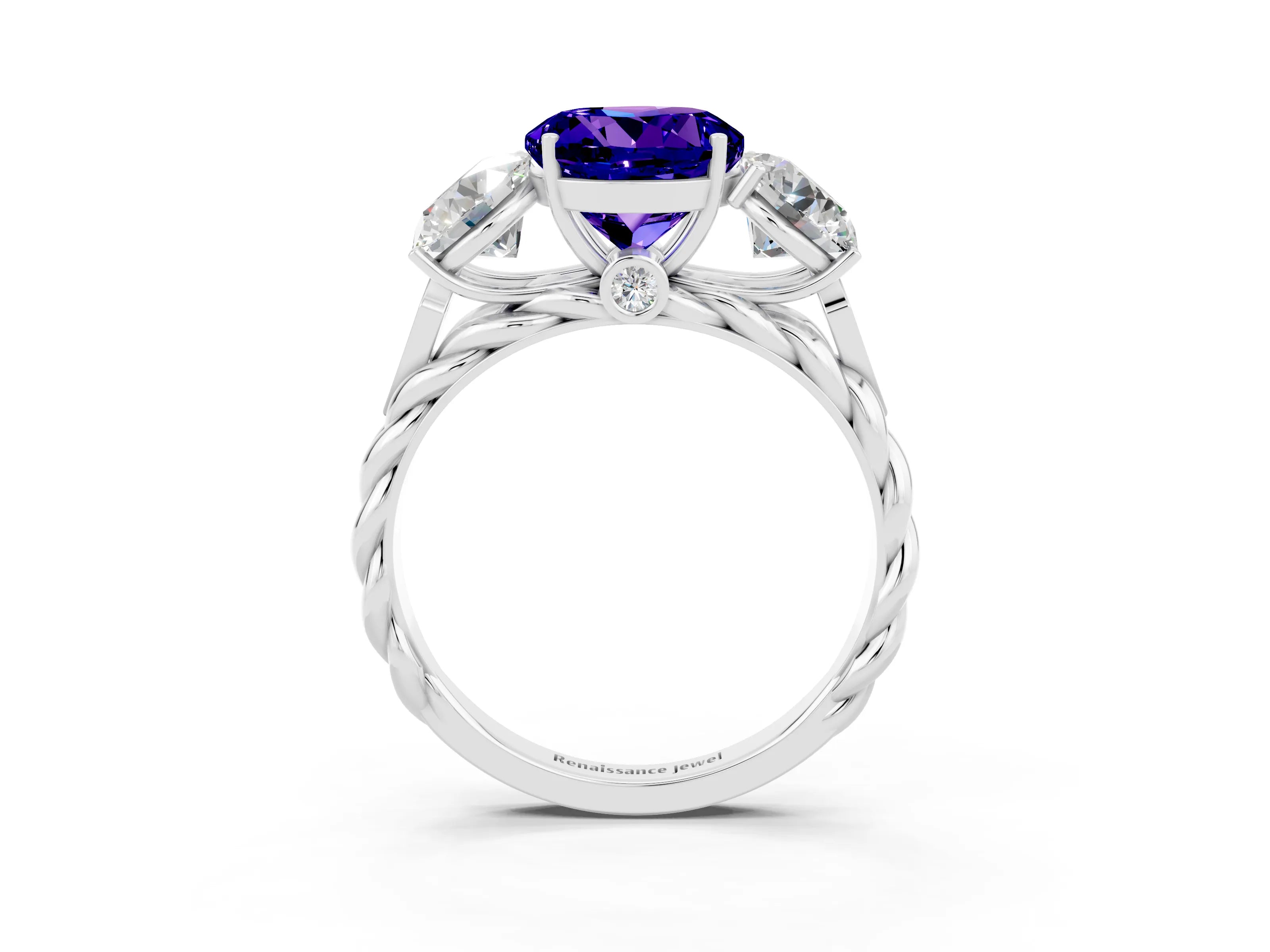 White gold Three-Stone Round Cut Tanzanite Braided Band Ring with Four-Prong Setting_15