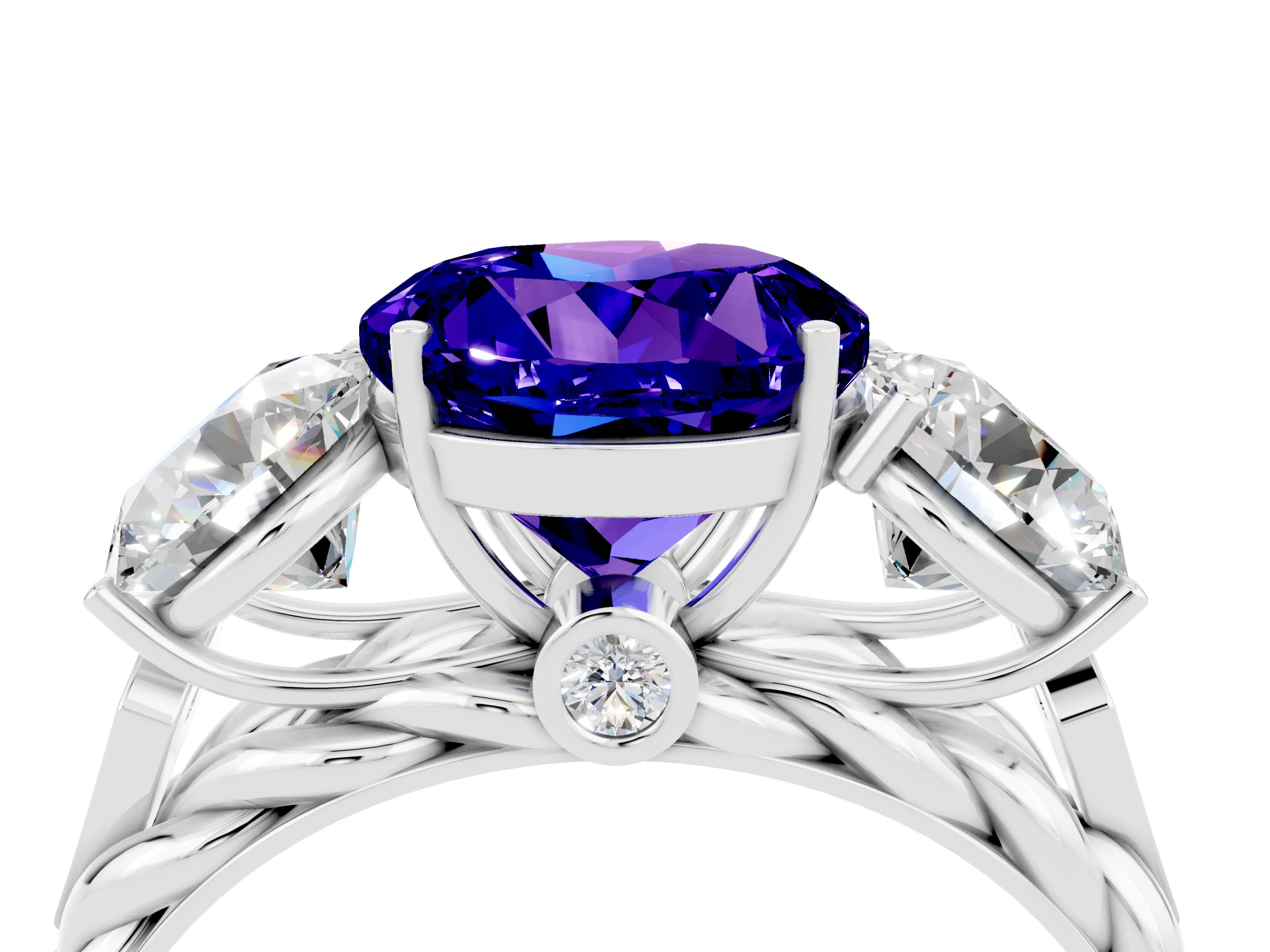 White gold Three-Stone Round Cut Tanzanite Braided Band Ring with Four-Prong Setting_16