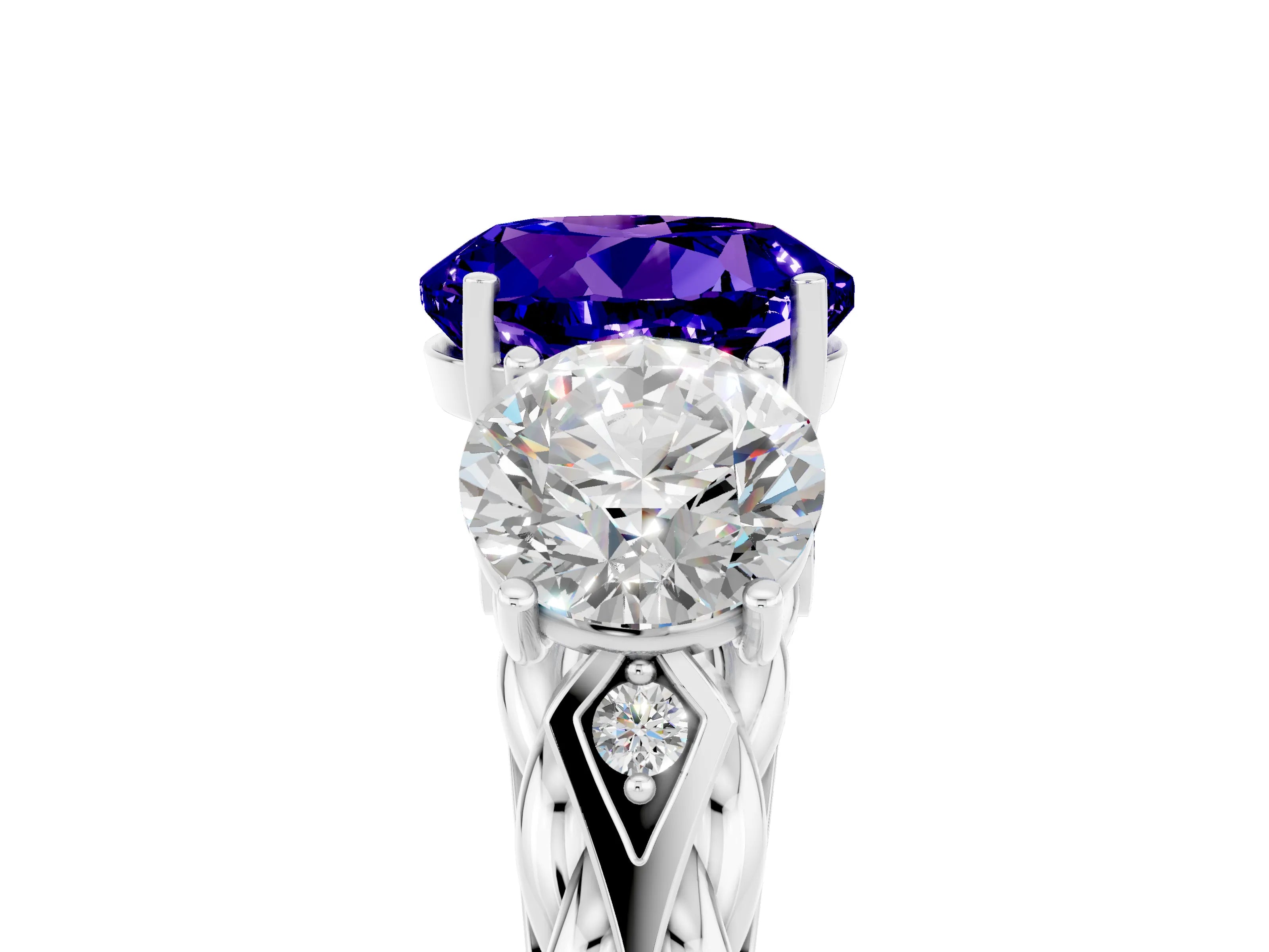 White gold Three-Stone Round Cut Tanzanite Braided Band Ring with Four-Prong Setting_17
