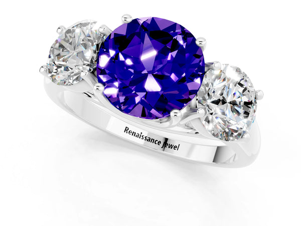 White gold Three-Stone Round Cut Tanzanite Engagement Ring with Prong Setting