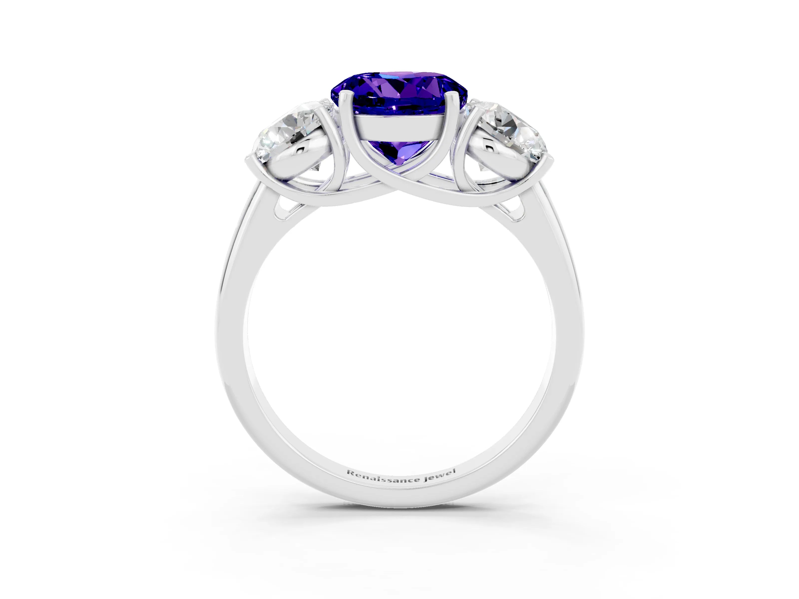 White gold Three-Stone Round Cut Tanzanite Engagement Ring with Prong Setting_3