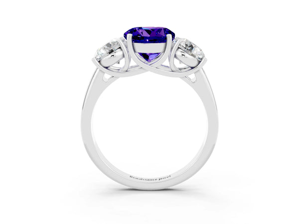 Platinum Three-Stone Round Cut Tanzanite Engagement Ring with Prong Setting