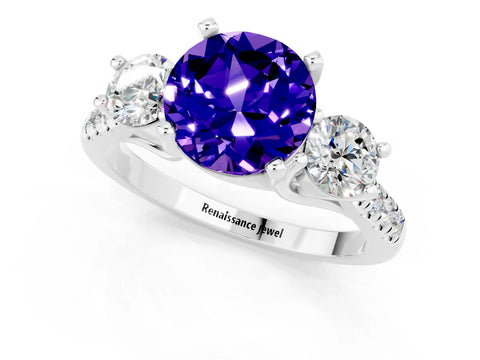 White gold Three-Stone Round Cut Tanzanite Pavé Band with Four-Prong Setting_1