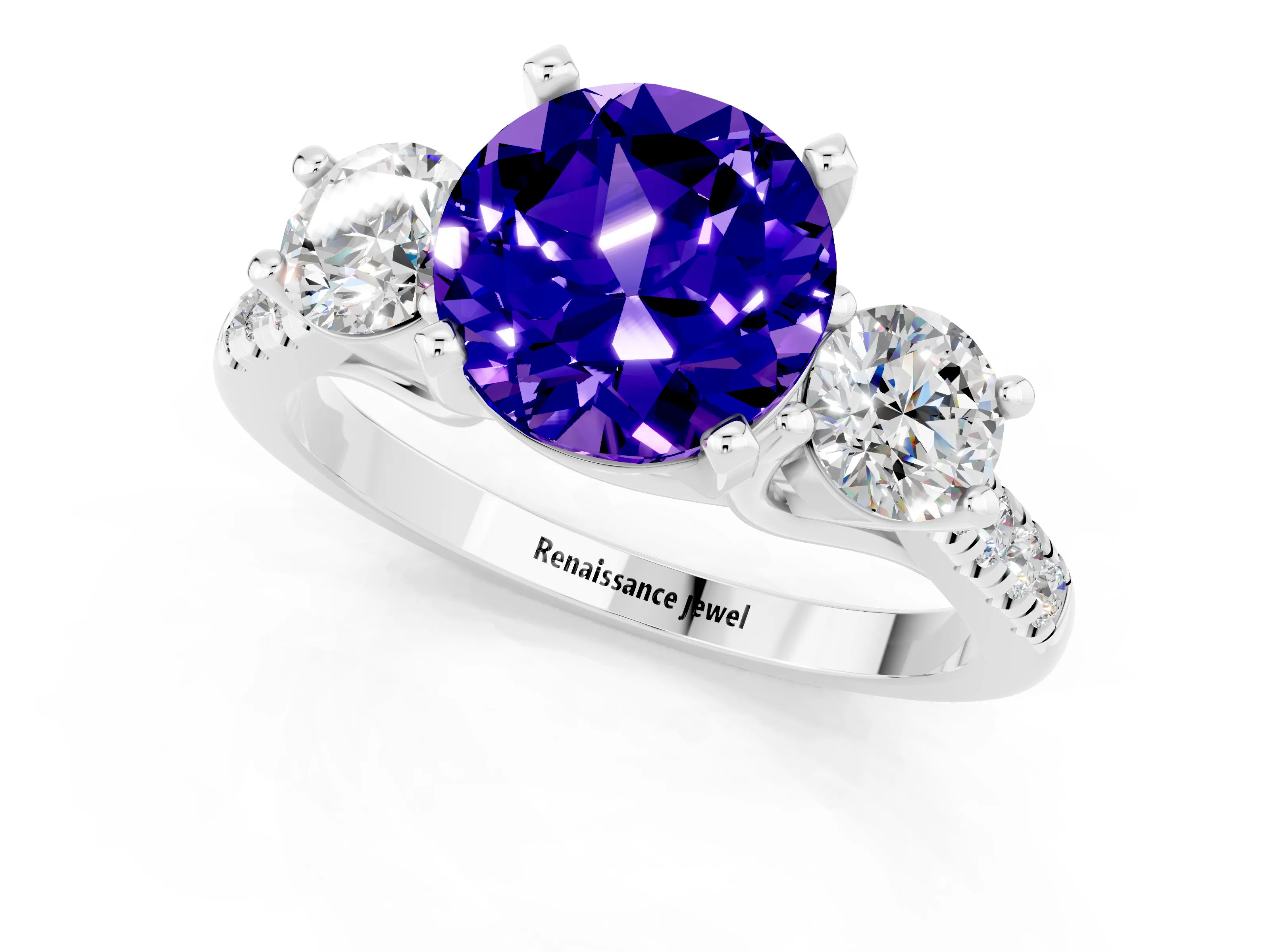 White gold Three-Stone Round Cut Tanzanite Pavé Band with Four-Prong Setting_1