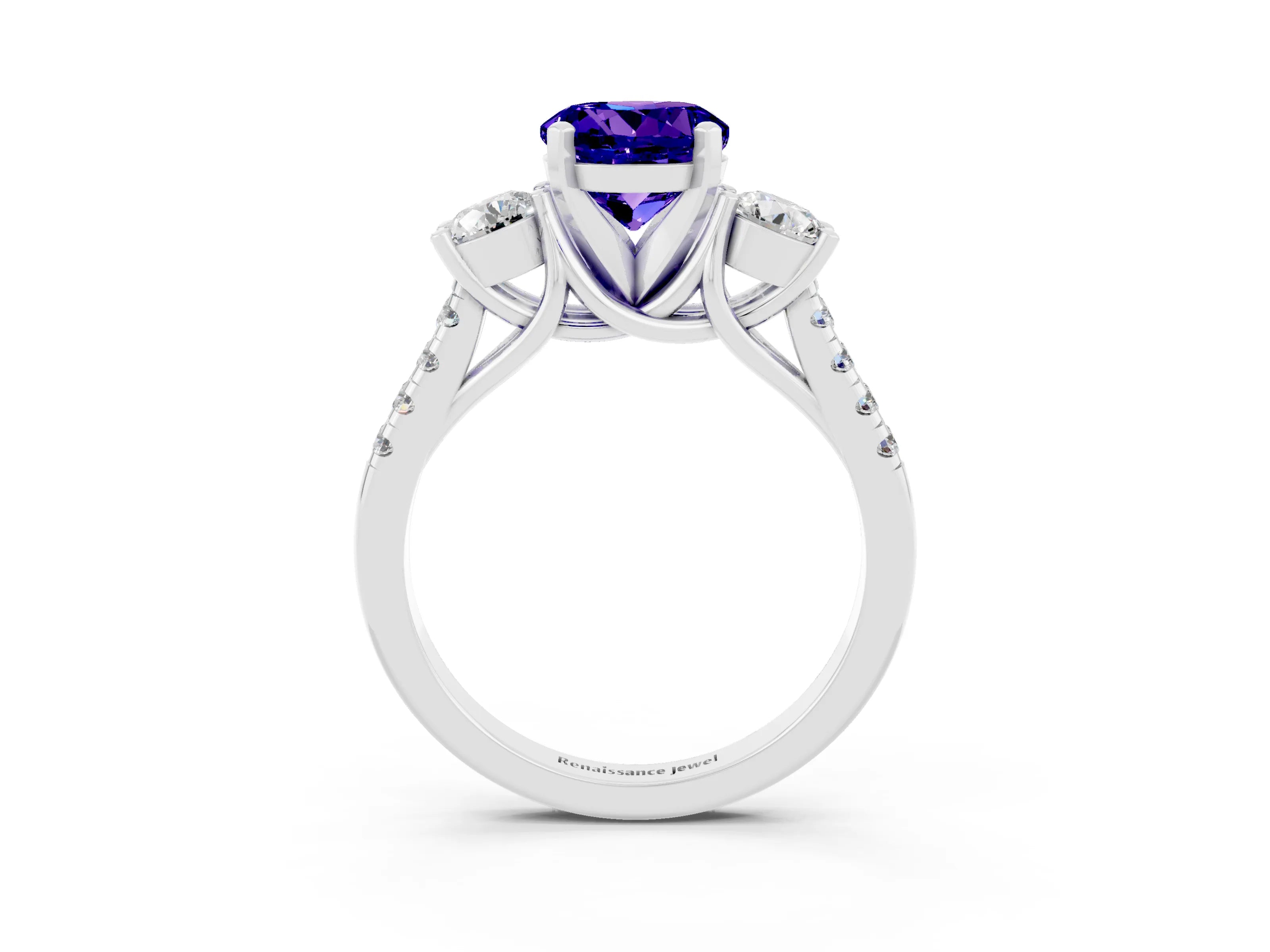 White gold Three-Stone Round Cut Tanzanite Pavé Band with Four-Prong Setting_3