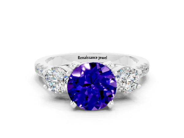 Silver Three-Stone Round Cut Tanzanite Pavé Band with Four-Prong Setting