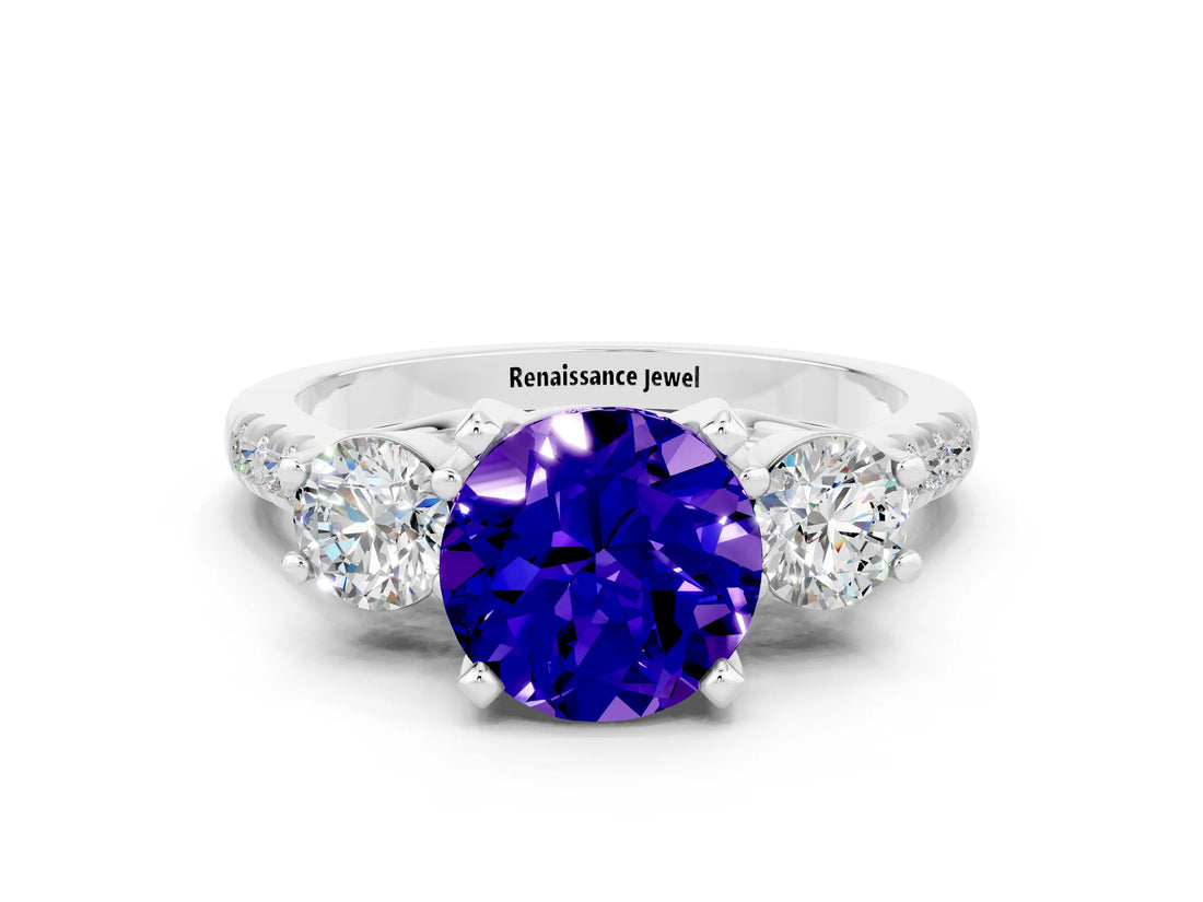 White gold Three-Stone Round Cut Tanzanite Pavé Band with Four-Prong Setting