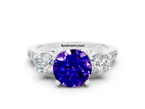 White gold Three-Stone Round Cut Tanzanite Pavé Band with Four-Prong Setting