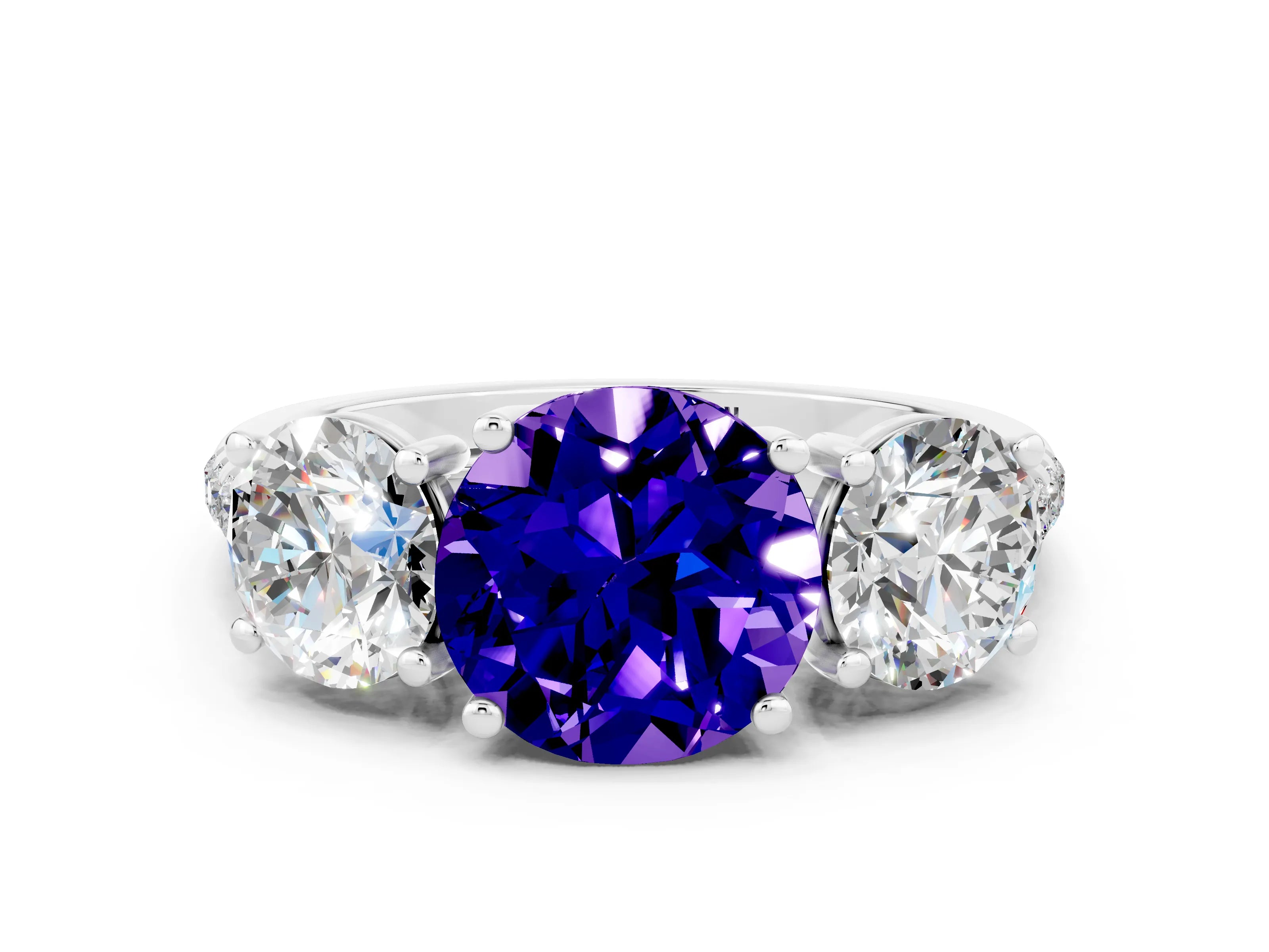 White gold Three-Stone Round Cut Tanzanite Ring with Pavé Band and Prong Setting_12