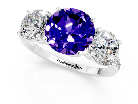 White gold Three-Stone Round Cut Tanzanite Ring with Pavé Band and Prong Setting_13