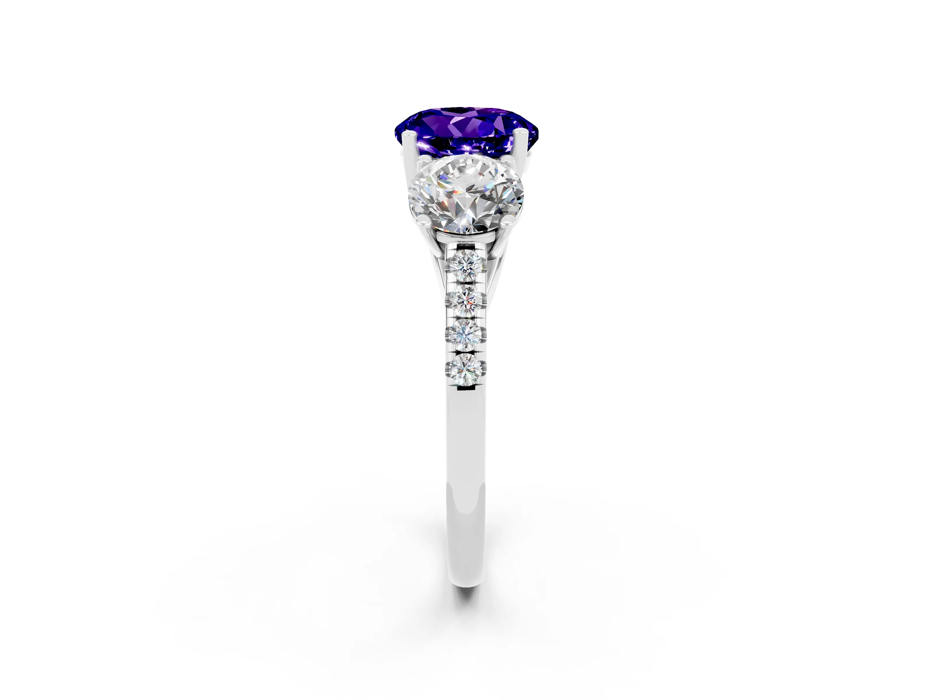 White gold Three-Stone Round Cut Tanzanite Ring with Pavé Band and Prong Setting_14