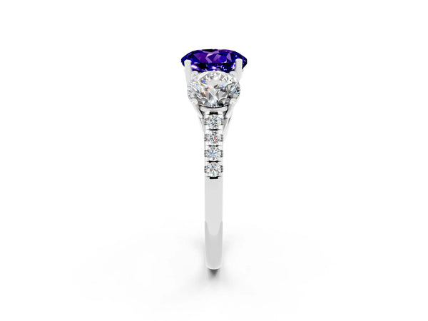 Silver Three-Stone Round Cut Tanzanite Ring with Round  Pavé Band and Prong Setting