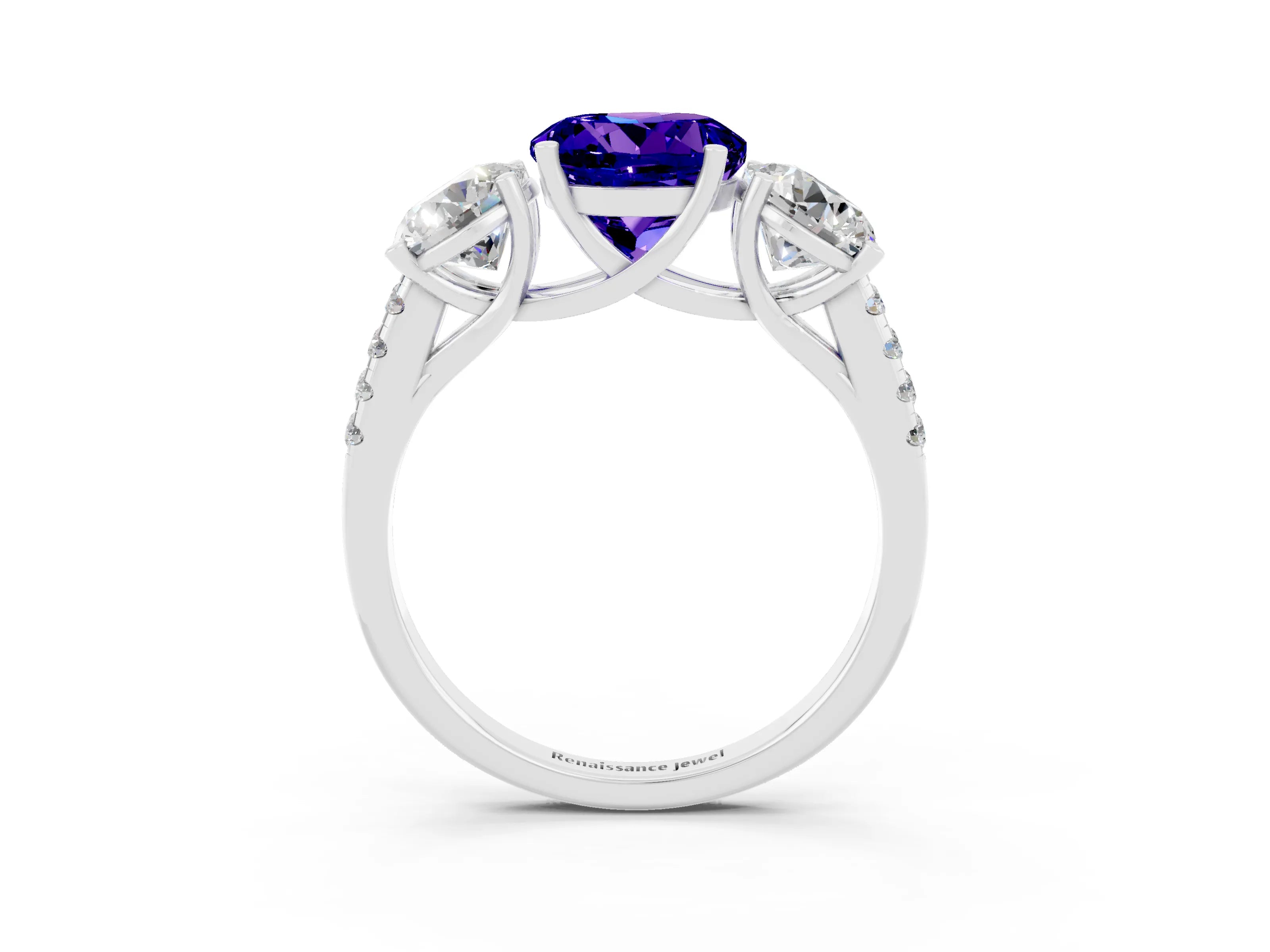 White gold Three-Stone Round Cut Tanzanite Ring with Pavé Band and Prong Setting_15
