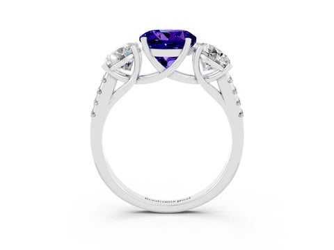 White gold Three-Stone Round Cut Tanzanite Ring with Pavé Band and Prong Setting_15
