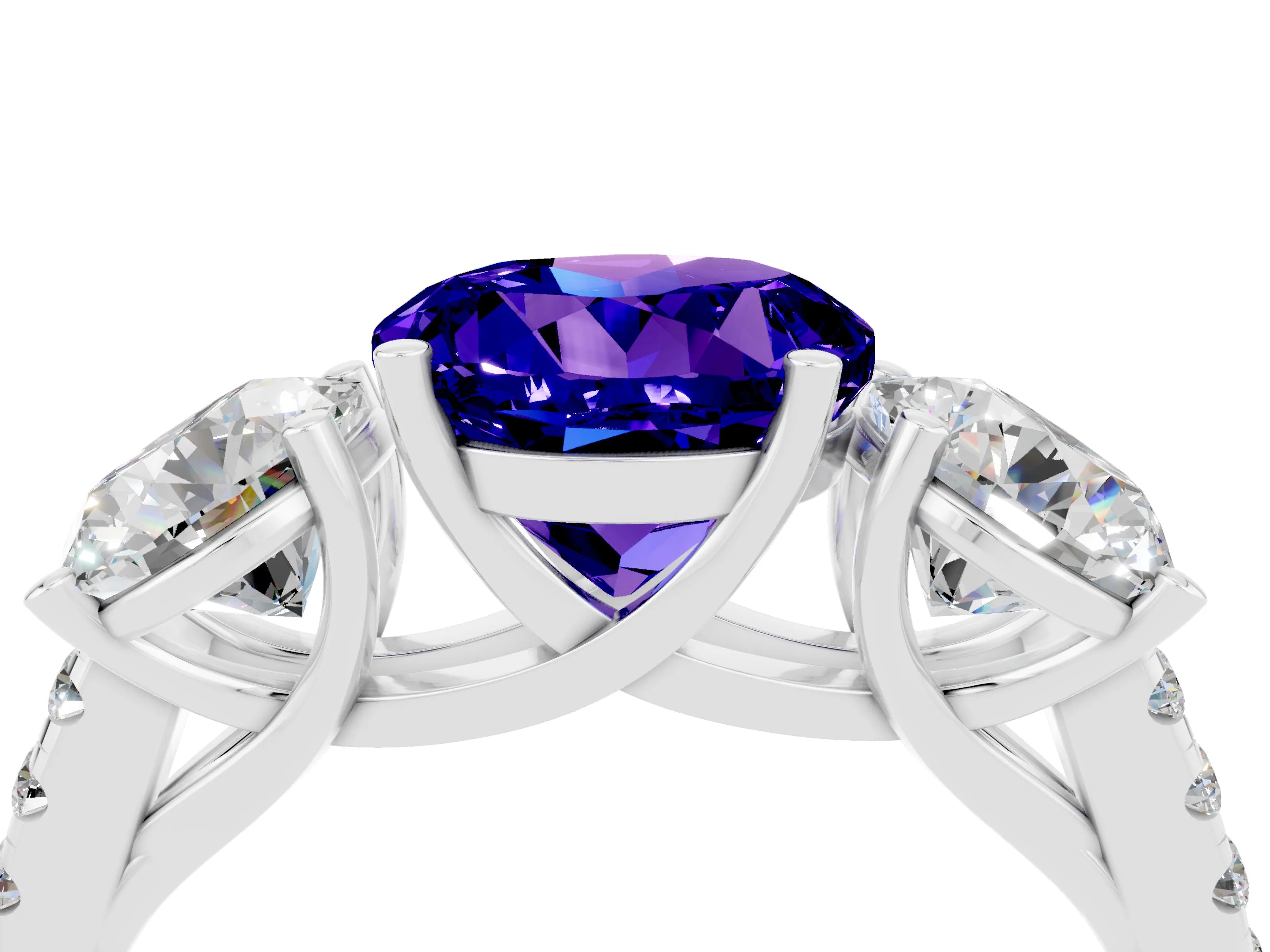 White gold Three-Stone Round Cut Tanzanite Ring with Pavé Band and Prong Setting_16