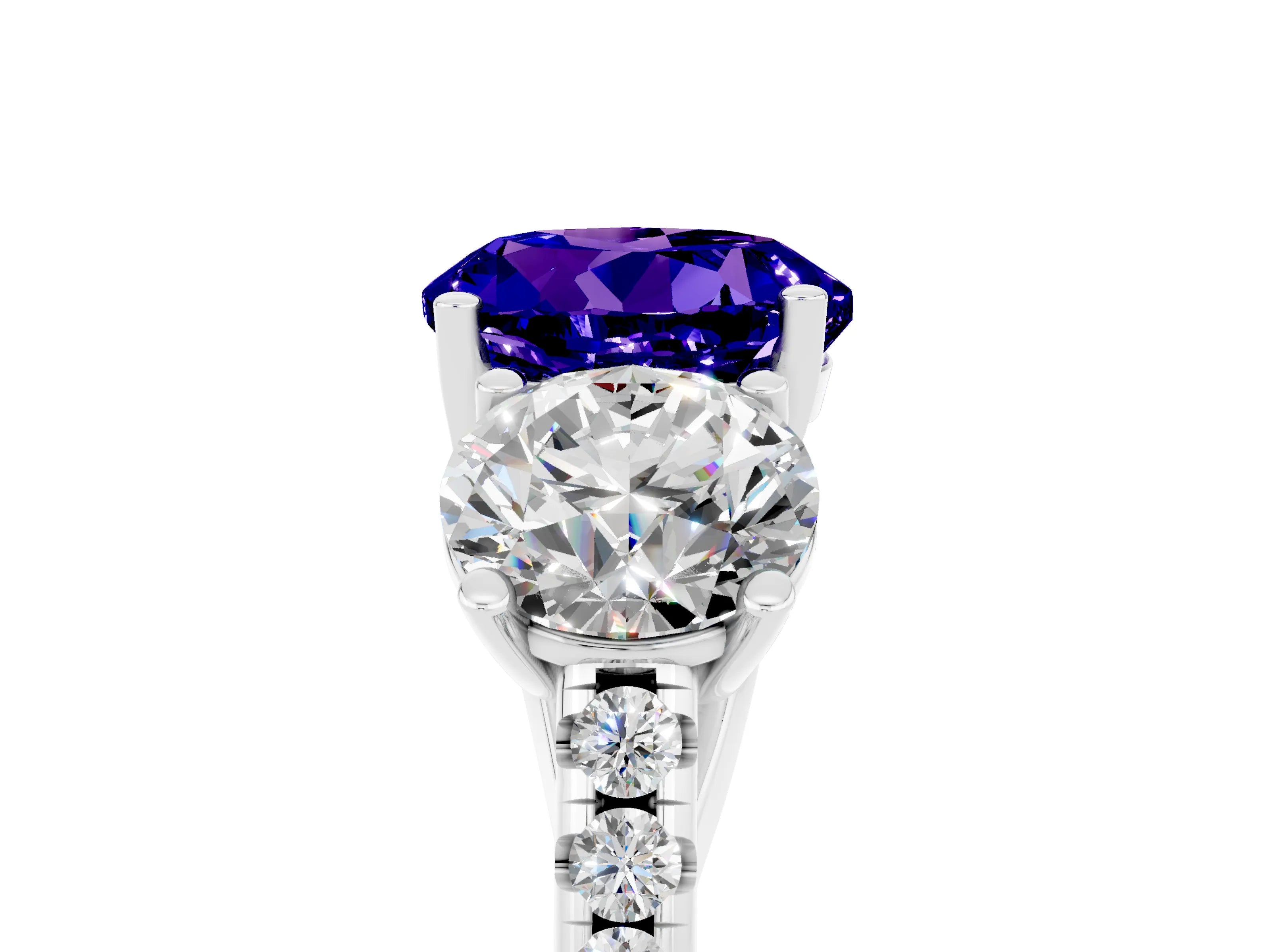 White gold Three-Stone Round Cut Tanzanite Ring with Pavé Band and Prong Setting_17