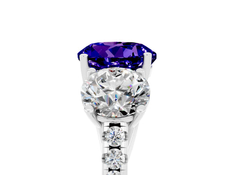 White gold Three-Stone Round Cut Tanzanite Ring with Pavé Band and Prong Setting_17