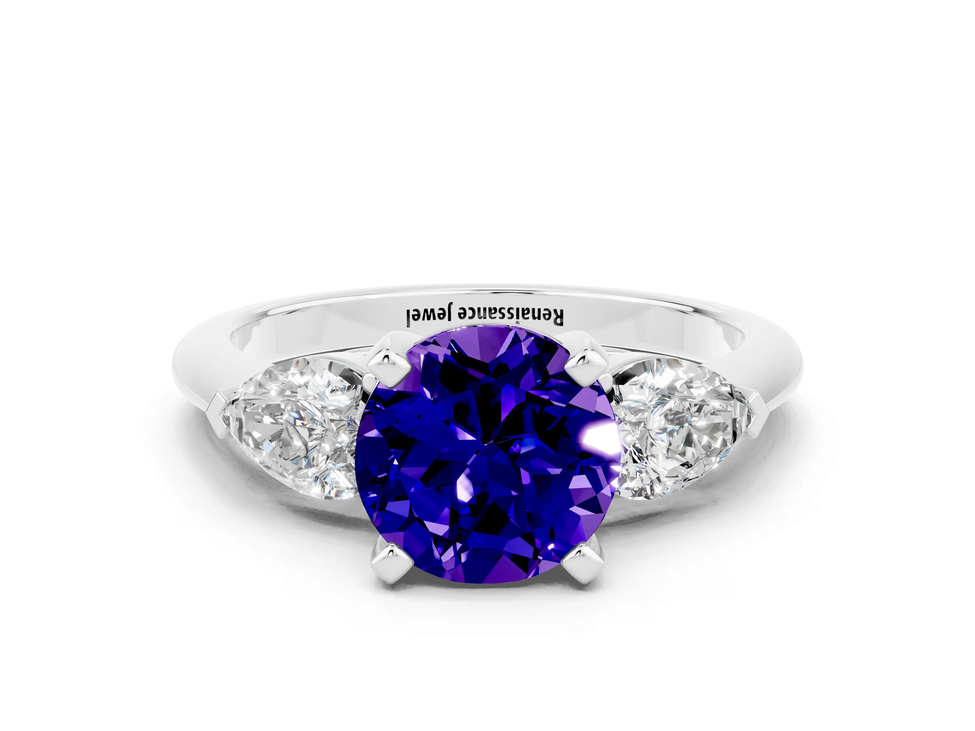 White gold Three-Stone Round Cut Tanzanite Ring with Pear Side Stones and Four-Prong Setting_18