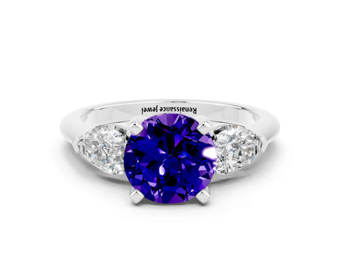 White gold Three-Stone Round Cut Tanzanite Ring with Pear Side Stones and Four-Prong Setting_18