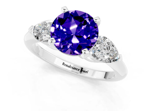 White gold Three-Stone Round Cut Tanzanite Ring with Pear Side Stones and Four-Prong Setting_19