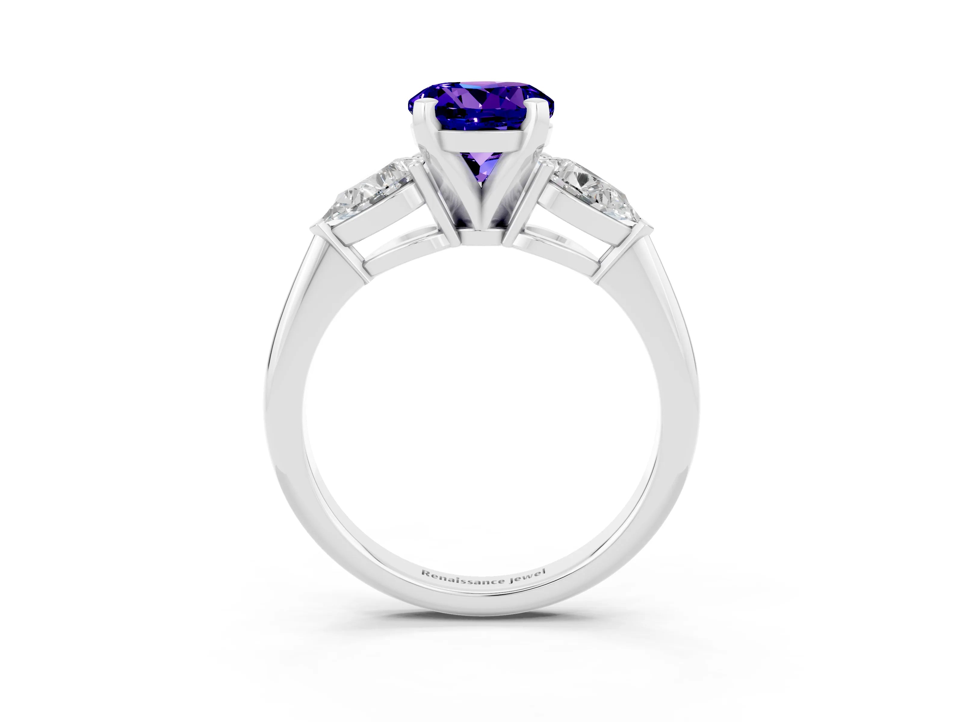 White gold Three-Stone Round Cut Tanzanite Ring with Pear Side Stones and Four-Prong Setting_21