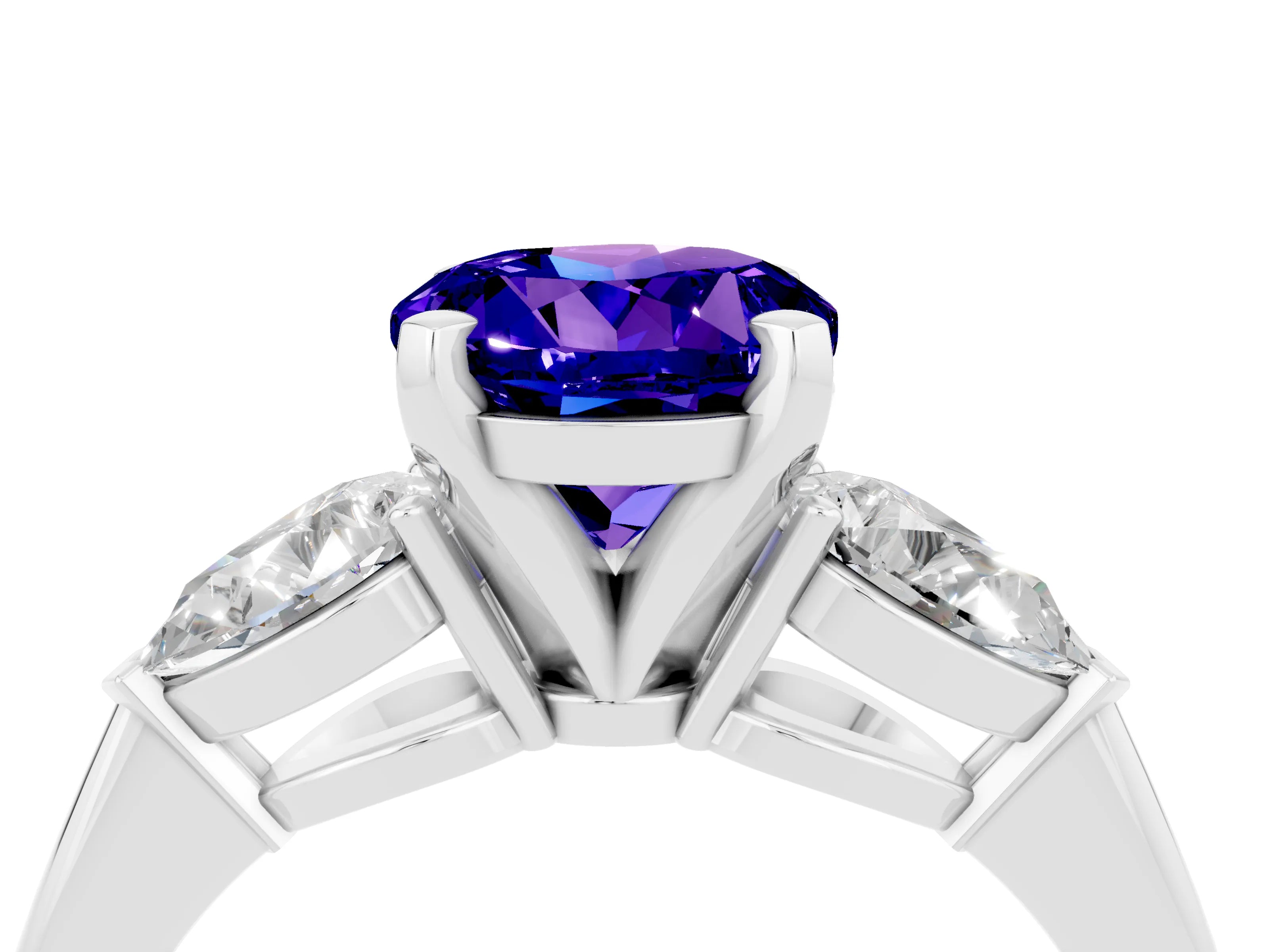 White gold Three-Stone Round Cut Tanzanite Ring with Pear Side Stones and Four-Prong Setting_22