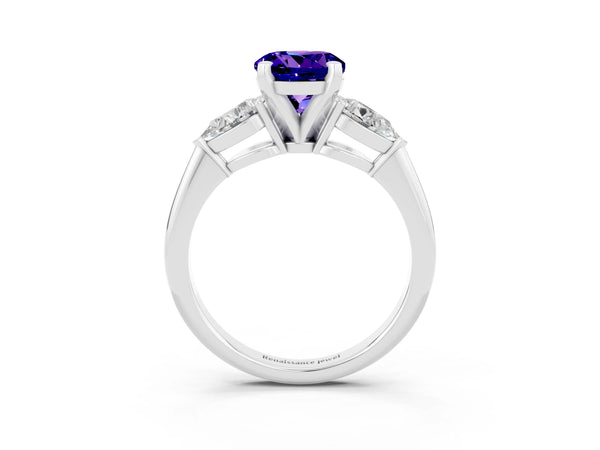 Platinum Three-Stone Round Cut Tanzanite Ring with Pear Side Stones and Four-Prong Setting