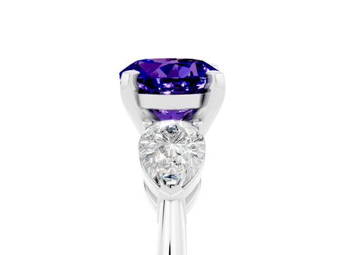 White gold Three-Stone Round Cut Tanzanite Ring with Pear Side Stones and Four-Prong Setting_29