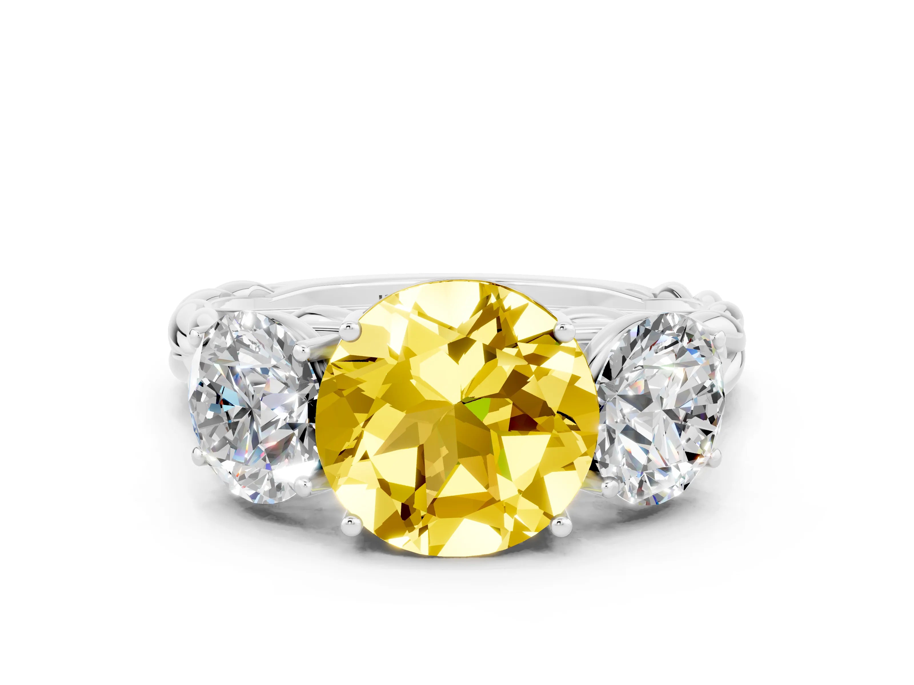 White gold Three-Stone Round Cut Yellow Sapphire Braided Band Ring with Four-Prong Setting_36