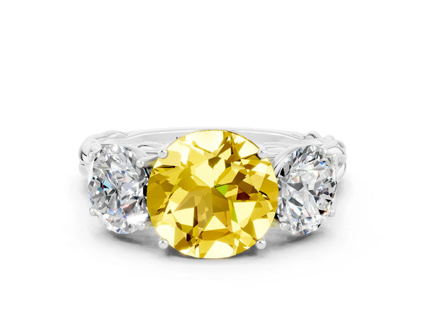 White gold Three-Stone Round Cut Yellow Sapphire Braided Band Ring with Four-Prong Setting