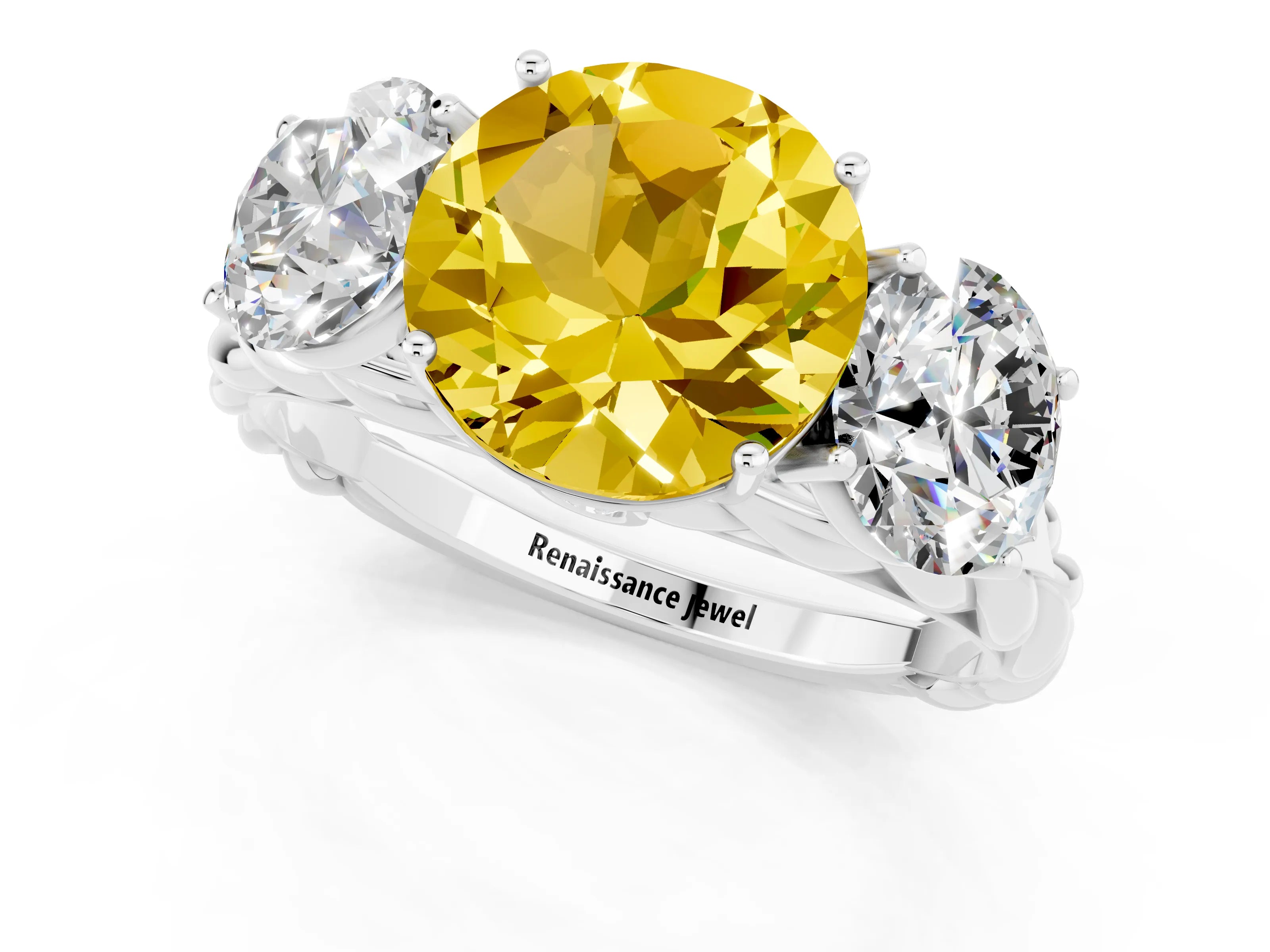 White gold Three-Stone Round Cut Yellow Sapphire Braided Band Ring with Four-Prong Setting_37
