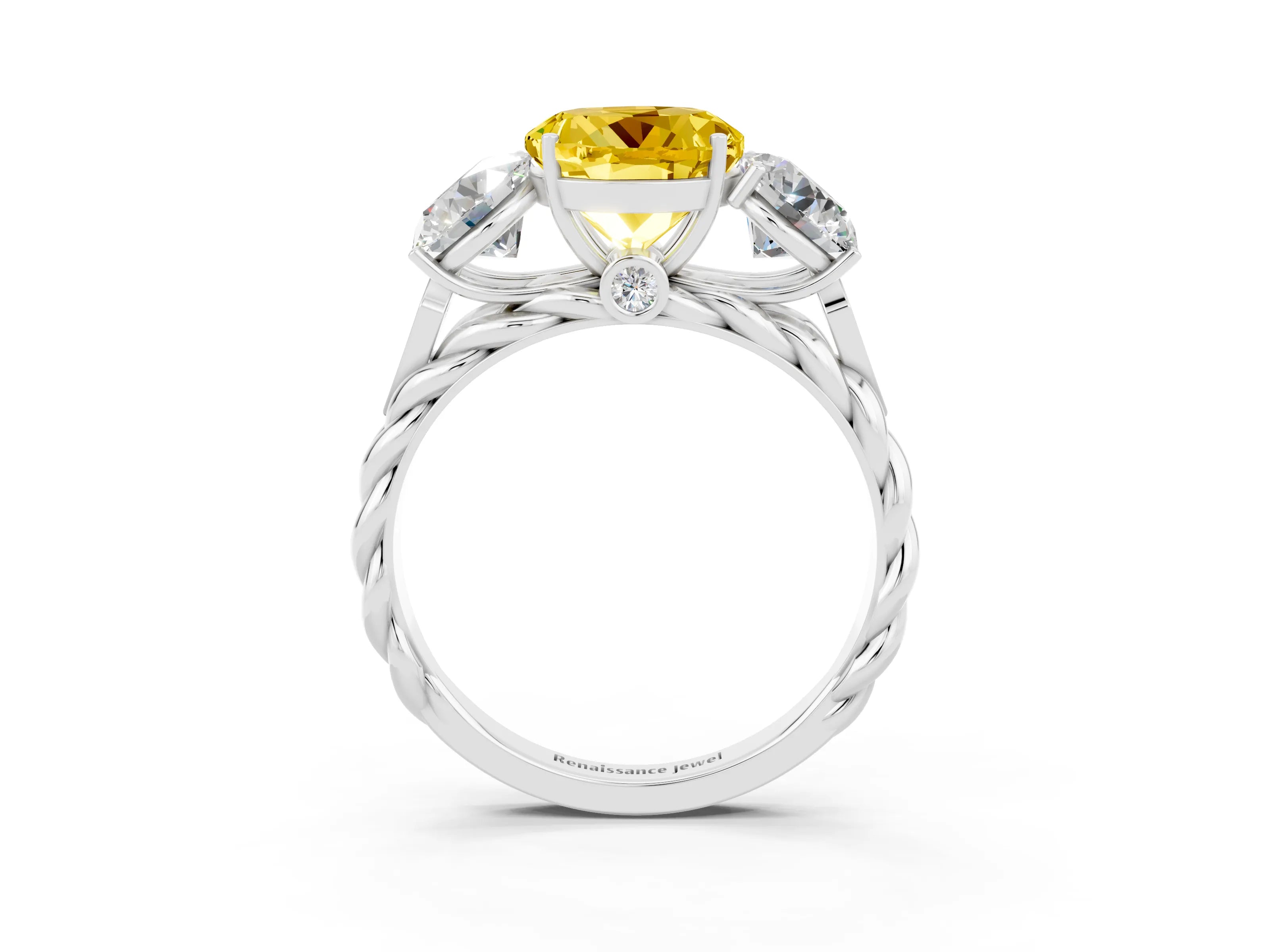 White gold Three-Stone Round Cut Yellow Sapphire Braided Band Ring with Four-Prong Setting_39