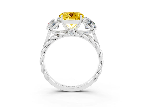 Platinum Three-Stone Round Cut Yellow Sapphire Braided Band Ring with Four-Prong Setting
