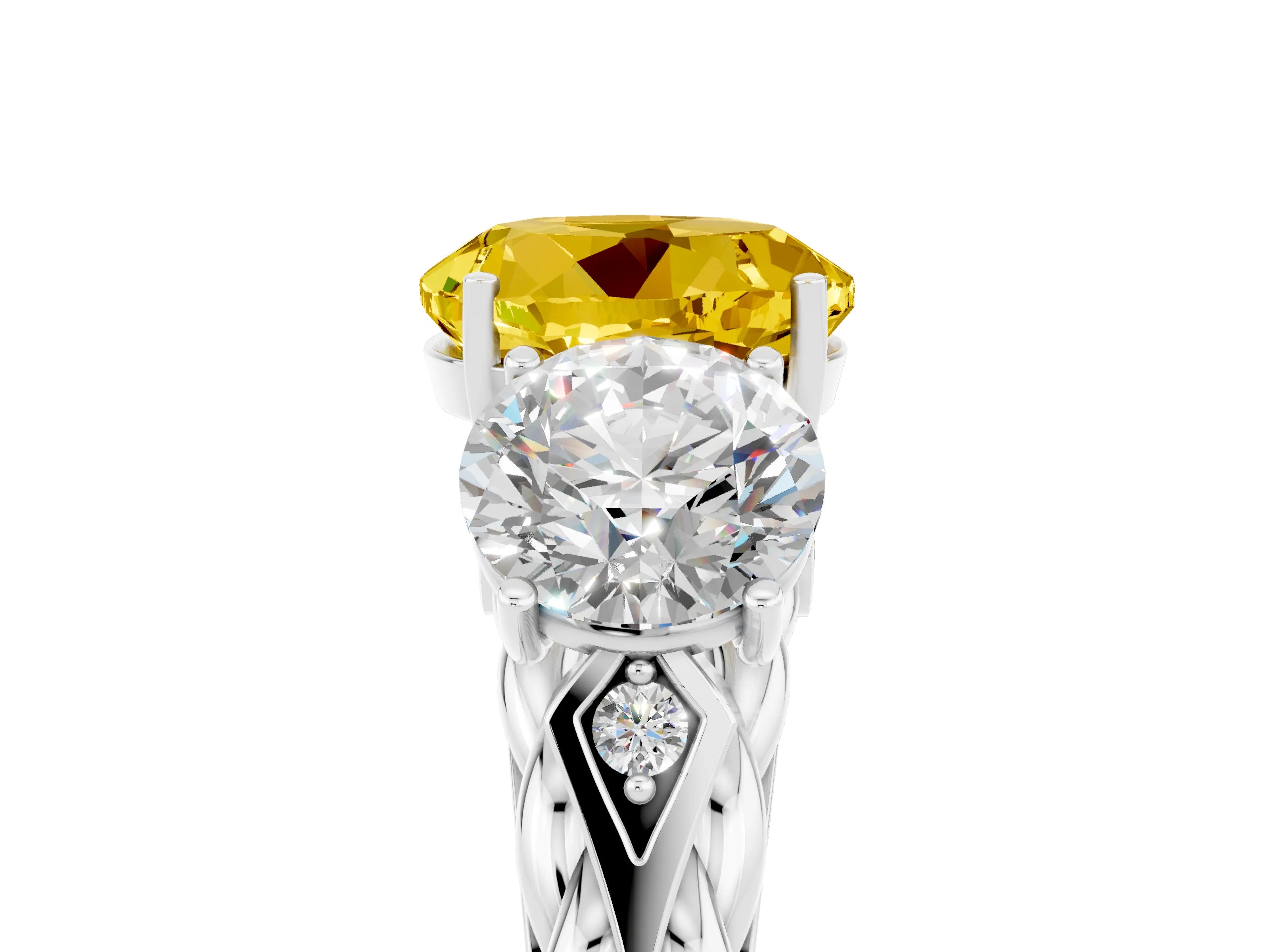 White gold Three-Stone Round Cut Yellow Sapphire Braided Band Ring with Four-Prong Setting_41