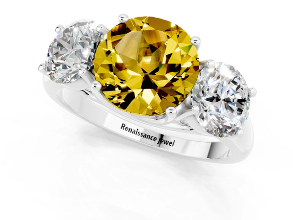 Silver Three-Stone Round Cut Yellow Sapphire Engagement Ring with Prong Setting
