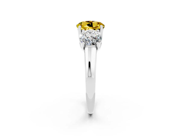 Platinum Three-Stone Round Cut Yellow Sapphire Engagement Ring with Prong Setting