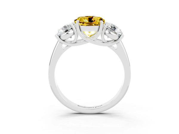 White gold Three-Stone Round Cut Yellow Sapphire Engagement Ring with Prong Setting
