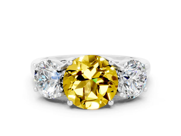 Silver Three-Stone Round Cut Yellow Sapphire Engagement Ring with Prong Setting