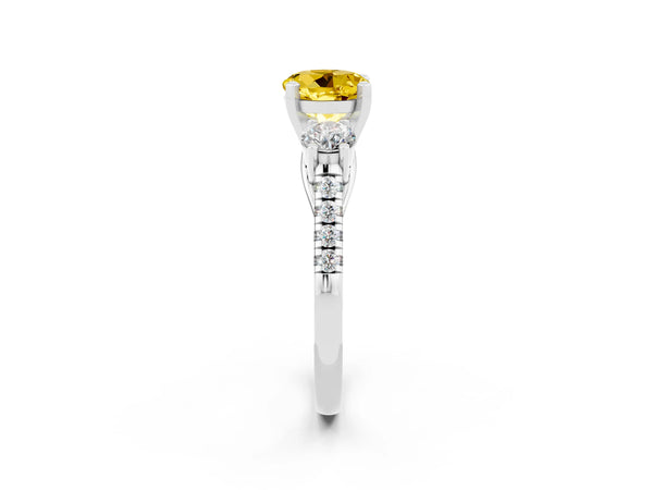 Platinum Three-Stone Round Cut Yellow Sapphire Pavé Band with Four-Prong Setting