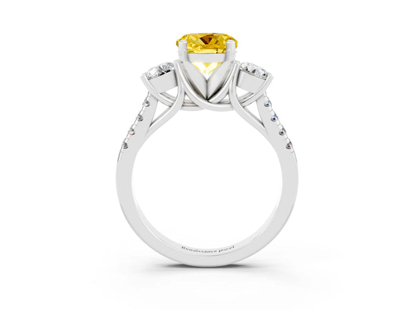 Silver Three-Stone Round Cut Yellow Sapphire Pavé Band with Four-Prong Setting