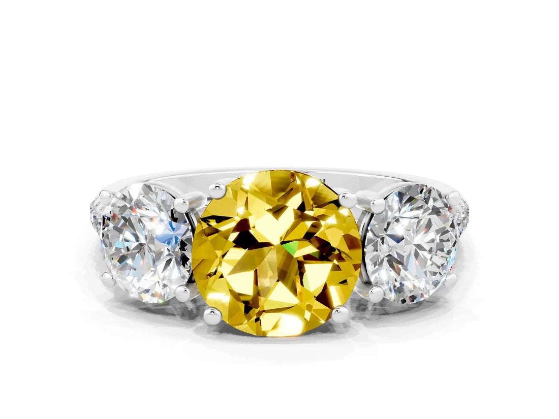 White gold Three-Stone Round Cut Yellow Sapphire Ring with Pavé Band and Prong Setting_36