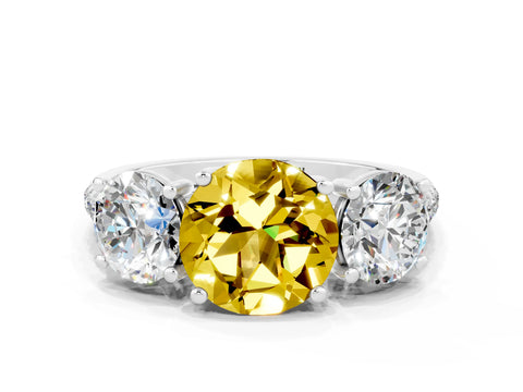 White gold Three-Stone Round Cut Yellow Sapphire Ring with Pavé Band and Prong Setting_36